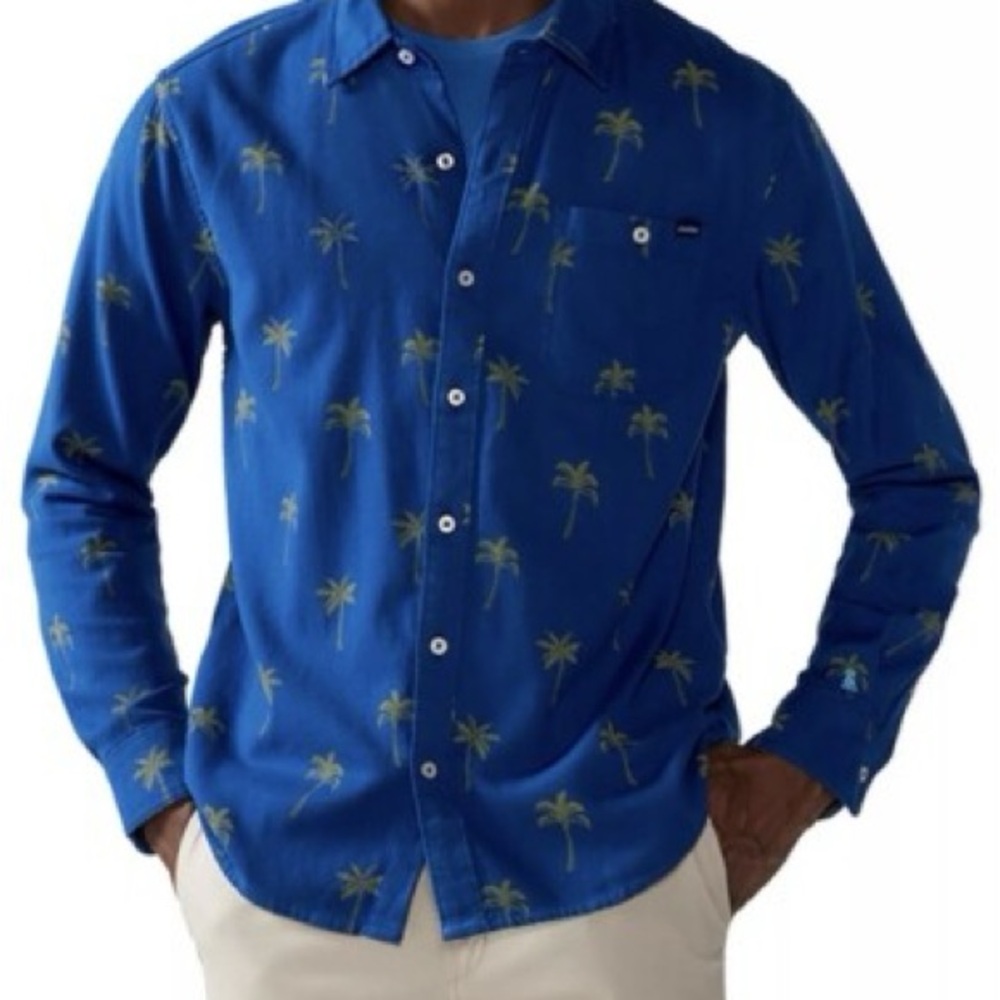 Chubbies Blue Casual Button Down Shirt with Palm Tree Print